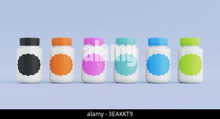 Product Branding And Packaging Variety. Six White Supplement Bottles With Colorful Caps And Blank Labels In Row On Pastel Blue Background. 3d Renderin Stock Photo