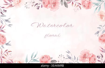 Watercolor pastel background with pink flowers, wash texture. Hand-painted botanical frame for invitations, greeting cards design. Vector EPS. Stock Vector