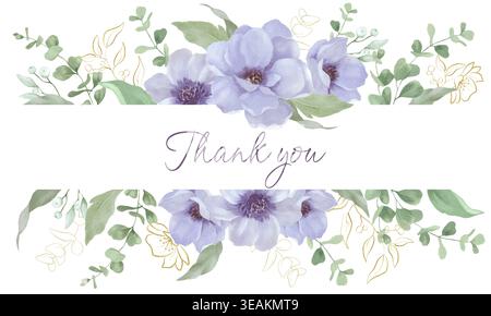 Watercolor floral frame with blue flowers, green, gold eucalyptus leaves.  Hand-painted botanical greenery border for wedding invitations. Vector EPS Stock Vector