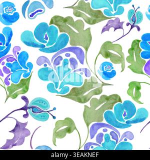 Seamless watercolor pattern with vibrant stylized folk flowers, green leaves. Bright botanical floral background for textile, etnic decor, vector EPS. Stock Vector