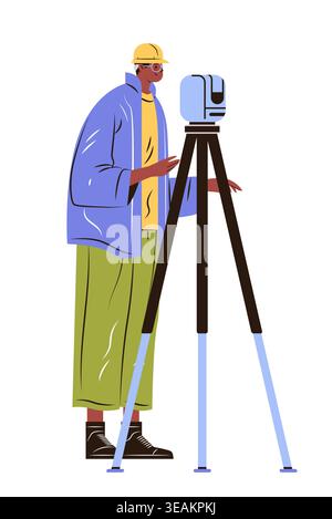 Surveyor using total station equipment construction worker measuring land in safety helmet colorful modern outfit isolated on white background Stock Vector