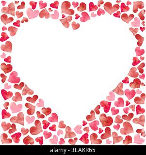 Watercolor heart frame with red, pink hand painted hearts. Romantic border for Valentine's Day, wedding invitations, love letters. Vector EPS. Stock Vector