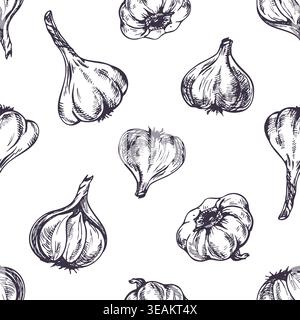 Hand drawn garlic pattern in ink sketch style. Seamless wallpaper with vegetable illustration. Graphic line art design for food background, menu decor Stock Vector