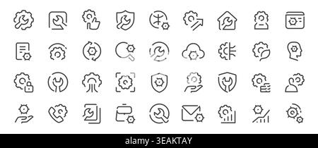 Modern gear settings line icons collection for ui ux, automation, security and system management Stock Vector