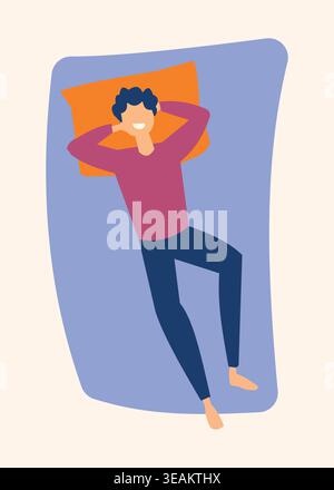 Flat vector illustration of a man lying down in a relaxed position, representing rest, comfort, leisure time, stress relief, and healthy lifestyle bal Stock Vector