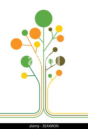 Flat vector illustration of an abstract tree with colorful branches and circular leaves, symbolizing growth, connection, diversity, and organic develo Stock Vector