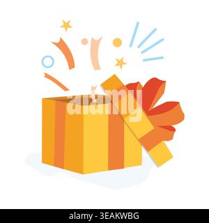 Flat vector illustration of an open gift box with confetti and decorative elements, symbolizing celebration, surprise, special occasions, and festive Stock Vector