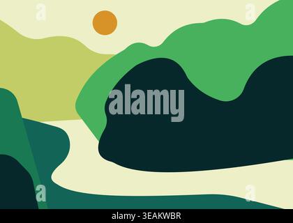Flat vector illustration of abstract natural landscape with layered hills, sun, and organic shapes in earthy tones, perfect for backgrounds, posters, Stock Vector