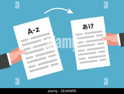 Flat vector illustration of document translation from English to Japanese, symbolizing language conversion, localization, communication, and global co Stock Vector