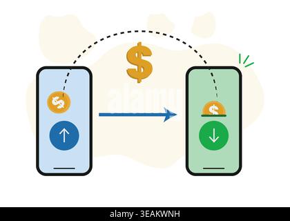Flat vector illustration of mobile money transfer between smartphones with coin icons and confirmation checkmark, representing secure digital payment Stock Vector