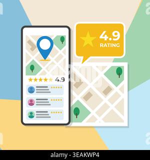 Flat vector illustration of a mobile app showing map location, user reviews, and 4.9 star rating, representing navigation, feedback, and location-base Stock Vector