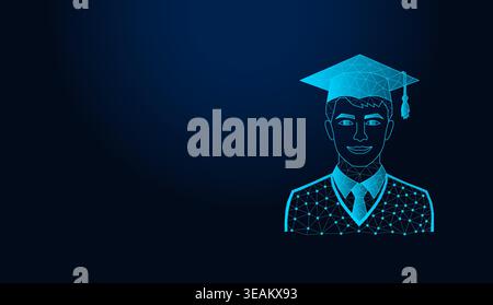 Low poly wireframe graduate portrait on dark blue background. Stock Vector