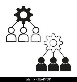 A minimalist Vector icon set featuring a cogwheel connected to a group of person figures, symbolizing teamwork, management, and settings. EPS 10. Stock Vector