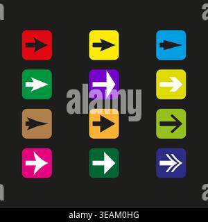 A vibrant Vector set of diverse right pointing arrow icons, each within a colorful rounded square button, for modern interface navigation. EPS 10. Stock Vector