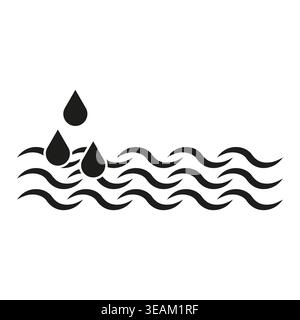 A simple minimalist Vector icon representing water drops falling onto a wavy liquid surface, symbolizing moisture or waterproof properties. Stock Vector