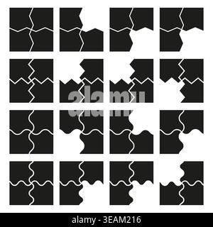 A modern Vector set of abstract monochrome puzzle elements, depicting interconnected pieces for design, problem solving, and conceptual structures. Stock Vector