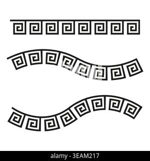 A Vector collection of classic Greek key meander borders, featuring straight and wavy geometric ornamental patterns in black. Stock Vector