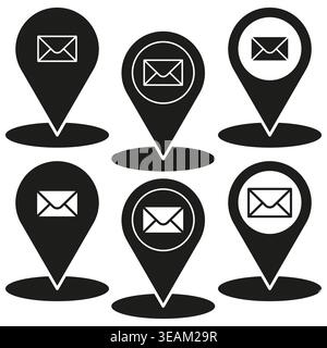 A contemporary Vector collection of map pin pointers featuring mail envelope icons for digital communication and location based messaging services. Stock Vector