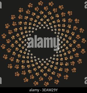 A delightful collection of brown Vector paw prints forming a circular, swirling pattern on a dark background, evoking a pet friendly aesthetic. Stock Vector