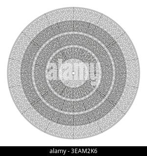 A captivating Vector abstract optical illusion with concentric rings, crafted from a precise radial arrangement of short black and white lines. Stock Vector