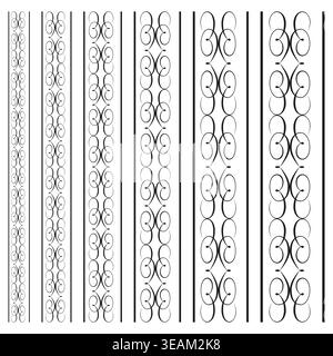 A sophisticated Vector collection of vertical border designs featuring elegant calligraphic scroll patterns and abstract ornamental flourishes. Stock Vector