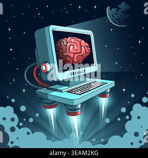 Computer With Brain Artificial Intelligence Space Concept Vector Stock Vector