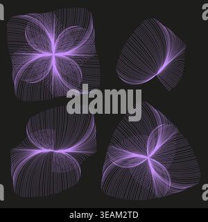 A generative Vector art collection features abstract organic forms crafted from flowing purple lines on a dark minimal background. Stock Vector