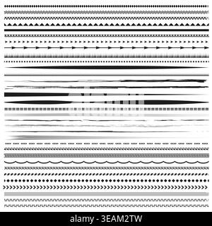 A diverse collection of black and white Vector line art borders and seamless dividers, featuring geometric patterns and artistic brush strokes. Stock Vector