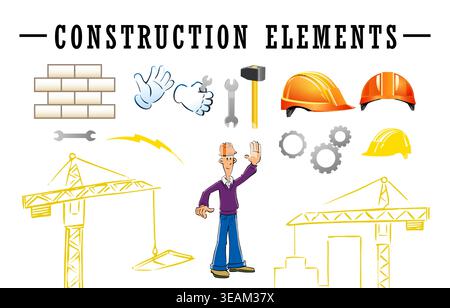 Set of industrial icons. Construction elements, workman and building cranes. 3D and sketch style Stock Vector