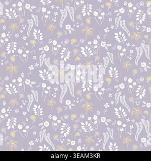 Flower lilac pattern soft muted background with meadow flowers. Farmhouse neutral violet backdrop Stock Vector