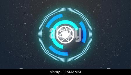 Displaying central futuristic circular HUD graphic floating in space backdrop, with star emblem. Telemetry, interface, rings, nebula, halo, neon, cyan Stock Photo