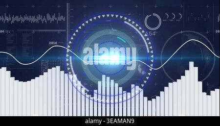 Displaying central HUD pulsing with concentric rings on dashboard, showing sine wave, bar chart. Interface, digital, futuristic, virtual, visualizatio Stock Photo