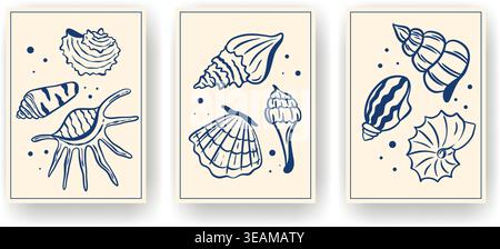 Posters with hand-drawn shells and mollusks in Mediterranean style. Set of vertical layouts with underwater ocean creatures in navy blue. Template Stock Vector