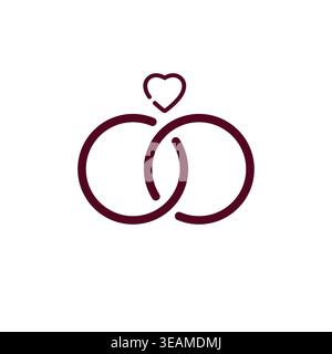 Minimalist wedding rings with heart line icon for marriage ceremony. Union symbol Stock Vector