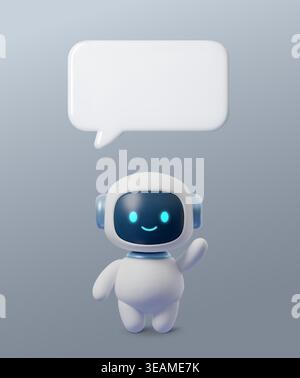 3D robot character with speech bubble for AI-powered support. Technology assistant design featuring chat communication, service bot, and digital Stock Vector
