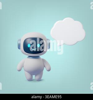 Cute 3D robot character with speech bubble delivering AI message. Friendly chatbot mascot with smile, perfect for tech apps, digital assistant Stock Vector