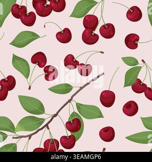 Juicy Fresh Sweet Cherry seamless pattern. Vector illustration in hand-drawn semi-realistic style. Stock Vector