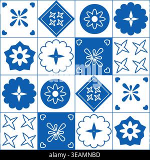Seamless vector pattern with blue and white tile motifs, floral and geometric shapes. Decorative ornamental repeat for ceramic, textile and interior design. Stock Vector