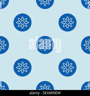 Seamless vector pattern with white floral icons inside blue circles on light background. Minimal geometric repeat for textile, packaging and decor. Stock Vector