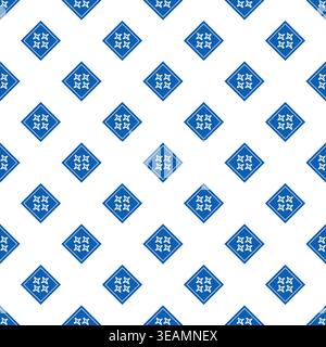 Seamless vector pattern with blue diamond shapes and small star motifs on light background. Geometric decorative repeat for textile and print. Stock Vector