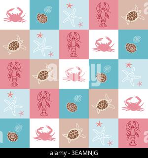 Seamless vector summer pattern with crab, lobster, turtle, starfish and shells in pastel squares. Marine repeat design for textile, packaging and decor. Stock Vector