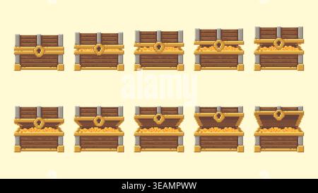 Pixel Art Treasure Chest Opening Frames Set with Gold Loot Stock Vector