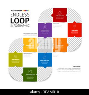 This endless loop infographic features colorful square steps in a continuous cycle with photo placeholders. Use this endless loop infographic and its Stock Vector