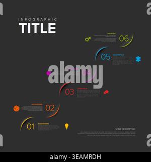 Graphic business infographic showing a dark timeline with six colored steps. This modern business infographic uses curved lines to display data and pr Stock Vector