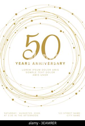 Celebrate a 50 years anniversary with this elegant invitation featuring a golden 50 years anniversary logo. Golden circular lines and dots frame the s Stock Vector