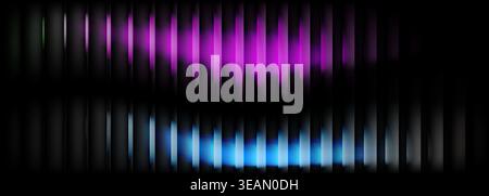 Black ribbed glass abstract background with bright blurred blue and purple gradient. Vector illustration modern wide banner. Stock Vector