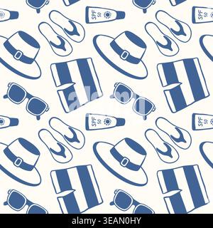 Seamless summer travel pattern with hat, flip flop, sunscreen, sunglasses, and towel. Vacation illustration in flat style. Stock Vector