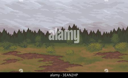 Rural field with forest pixel art landscape Stock Vector