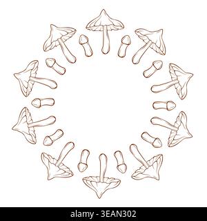 Mushroom wreath with inedible fungi Deadly Webcap in line art style. Illustration for design, decorative element, frame. Stock Vector