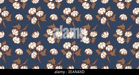 Seamless cotton plant pattern. Botanical floral ornament a natural material textile concept. Vector illustration for greeting card, fabric in flat Stock Vector